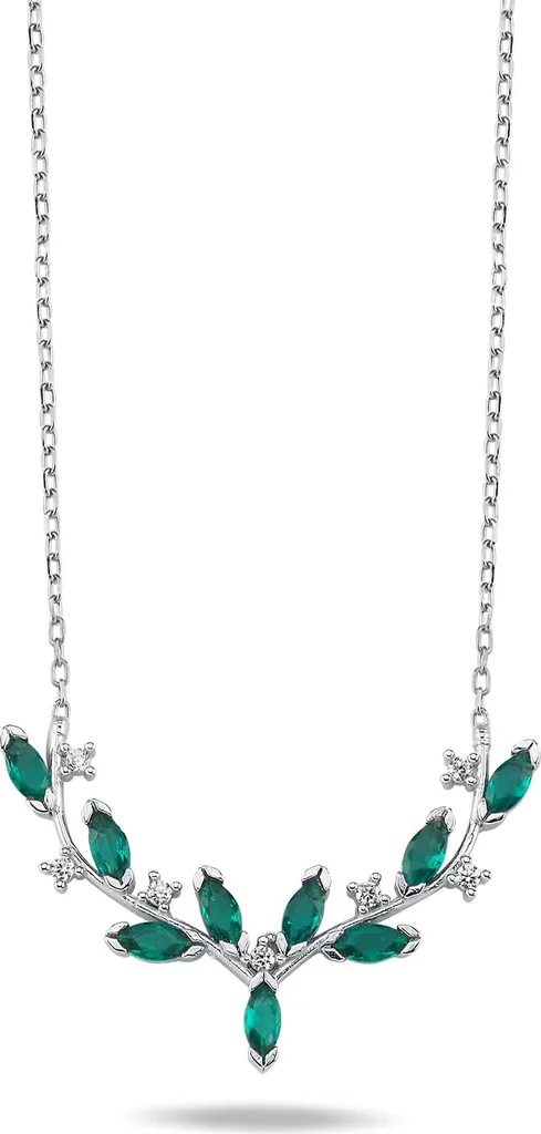 Collier élégant pour soirée : motif vrilles argent et zircons verts
