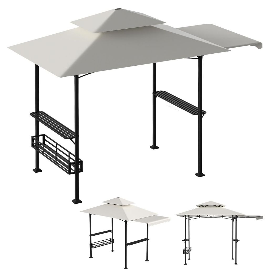 Izrielar Grillpavillon wetterfest, Grillüberdachungen mit Seitenmarkise, Doppeldach, Seitenregalen, Haken & Flaschenöffner 238 x 148 x 250 cm,Beige
