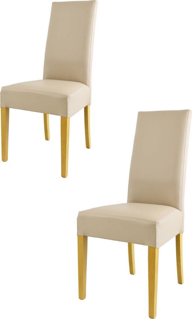 Two modern dining chairs with beige upholstery and light brown wooden legs, presented on a white background.