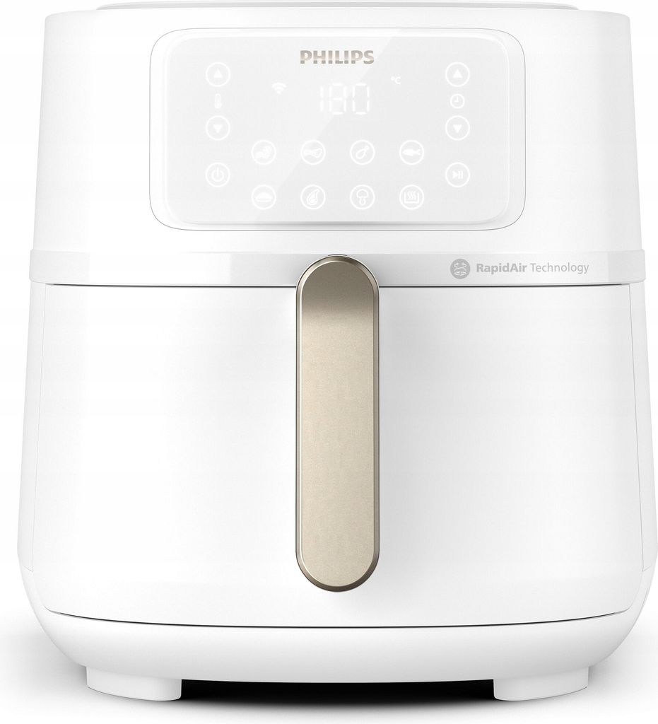 A white Philips air fryer with a digital display and a gold handle, shown from the front on a white background.