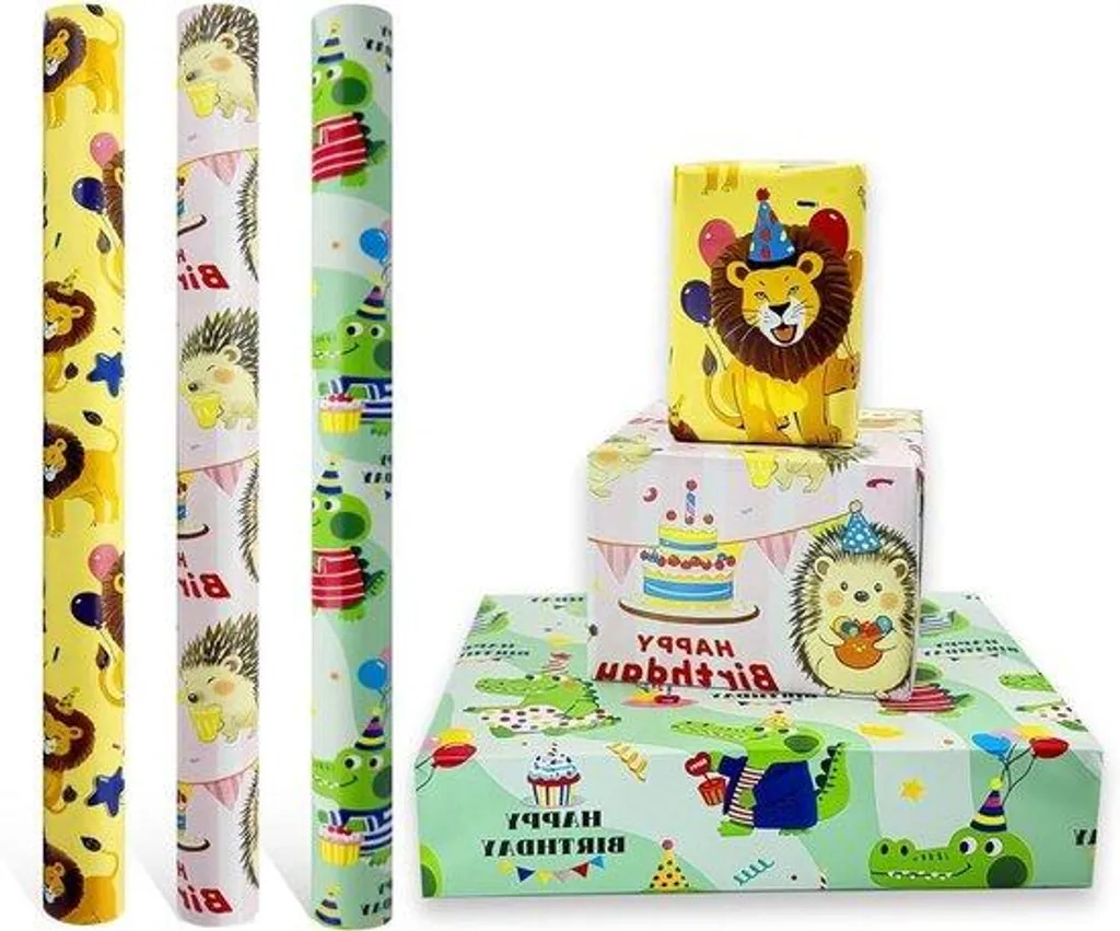 Papier cadeau anniversaire 43 cm x 3 m motifs animaux lion crocodile