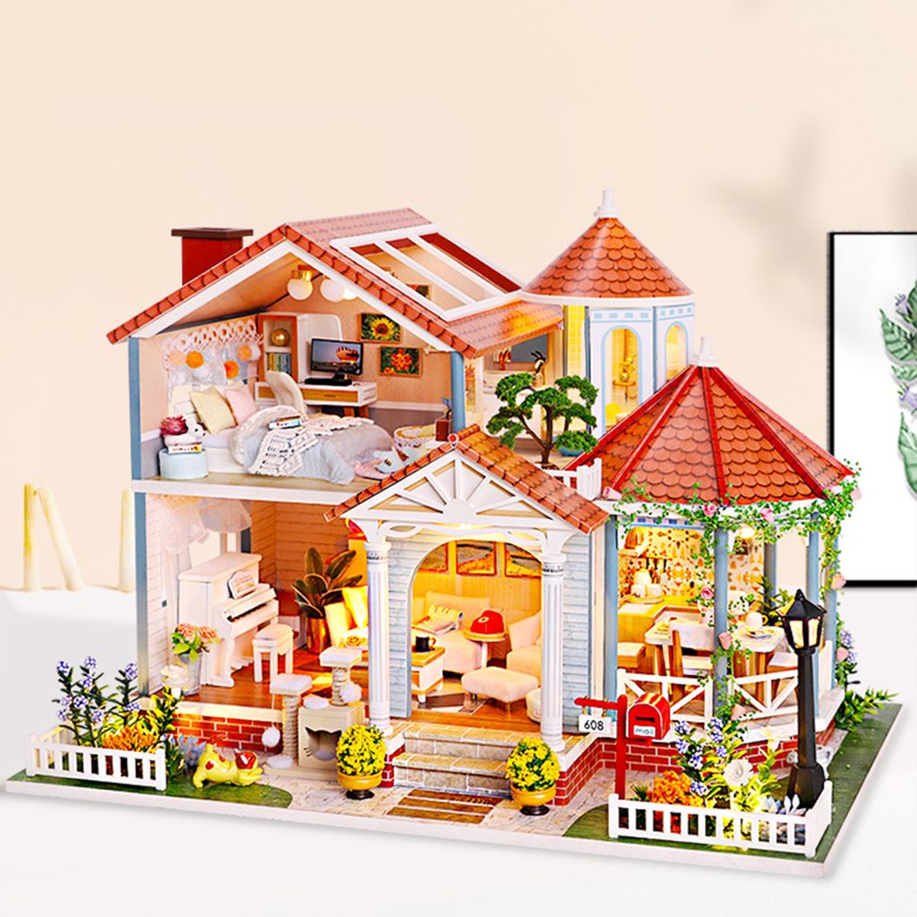 DIY Miniatur Haus Puppenhaus LED Puppenstube Spielhaus mit Möbel Zubehör Decor 