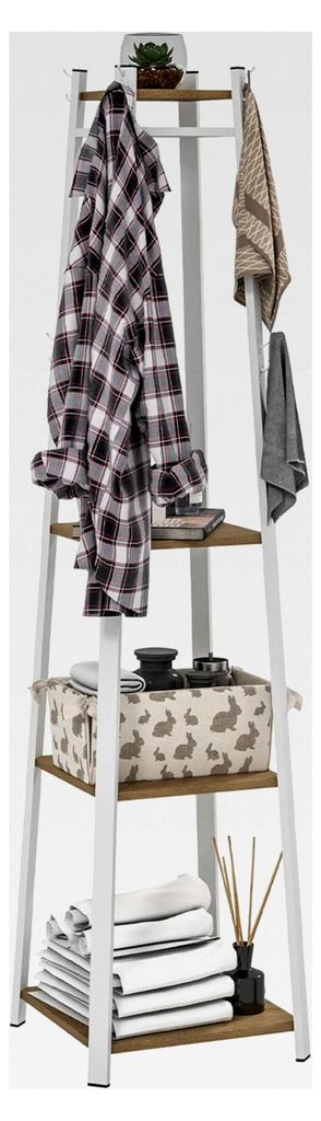 Garderobenständer mit 4 Ebenen und 8 Haken, Kleiderständer aus Stahl für Hüte und Kleidung, Weiß, 42 x 42 x 170 cm