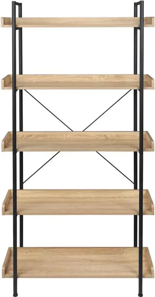 Grande bibliothèque 5 niveaux 173 cm bois et métal noir chêne clair