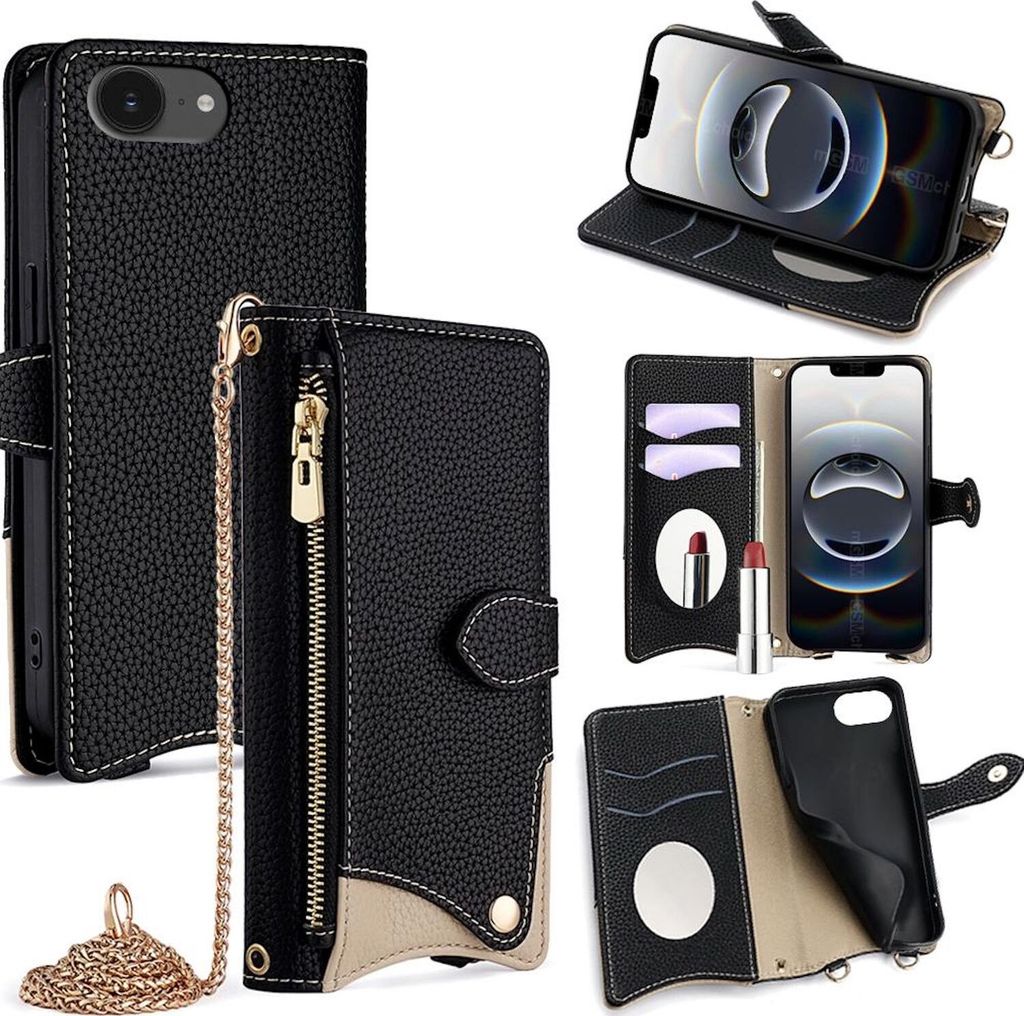 Handyhülle für Apple iPhone 17e / 16e Crossbody Kunstleder Klapp Tasche Schwarz