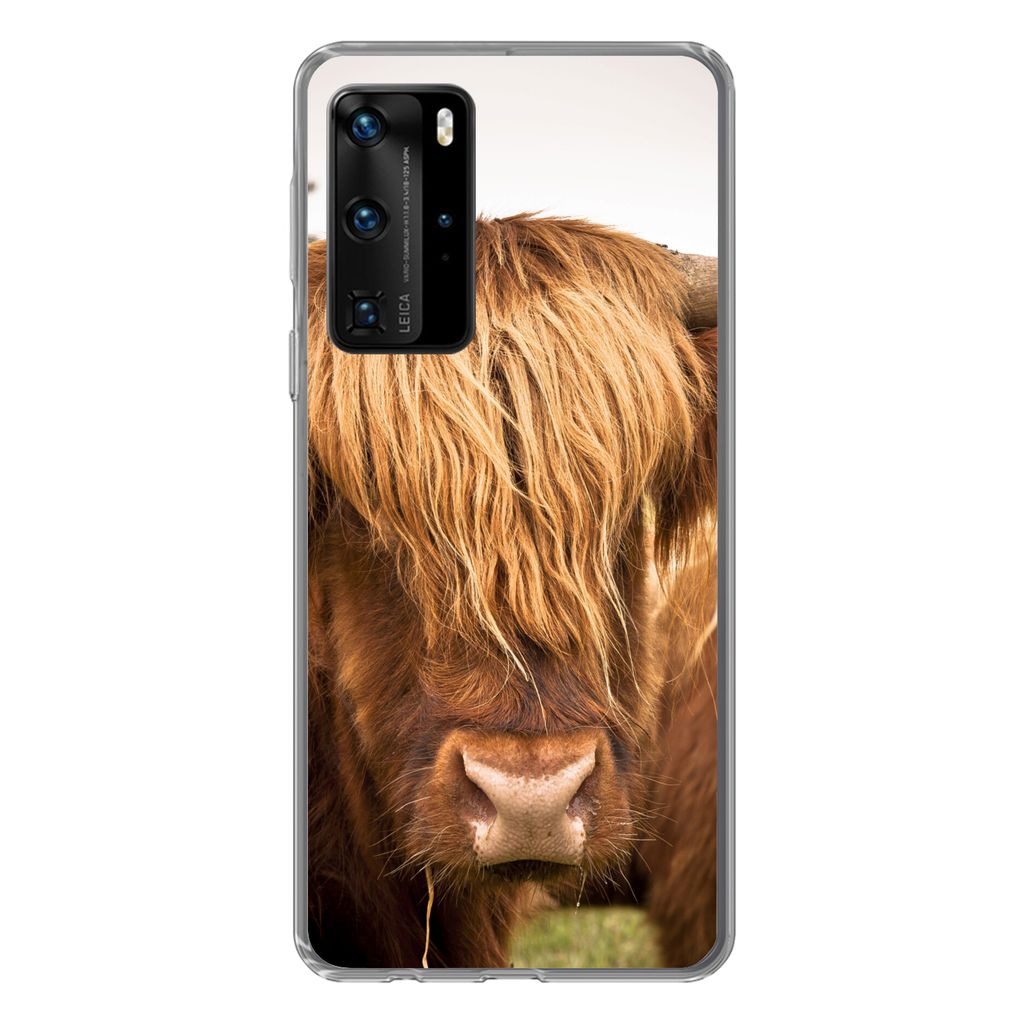 MuchoWow Handyhülle Schutzhülle Hülle für Huawei P40 Pro Schottische Highlander - Braun - Gras Silikon Softcase Handy Hülle - Schutz