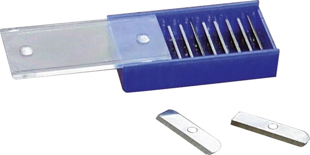 A set of replacement blades for a pencil sharpener, shown in a blue plastic case with a clear lid, and two loose blades in the foreground.