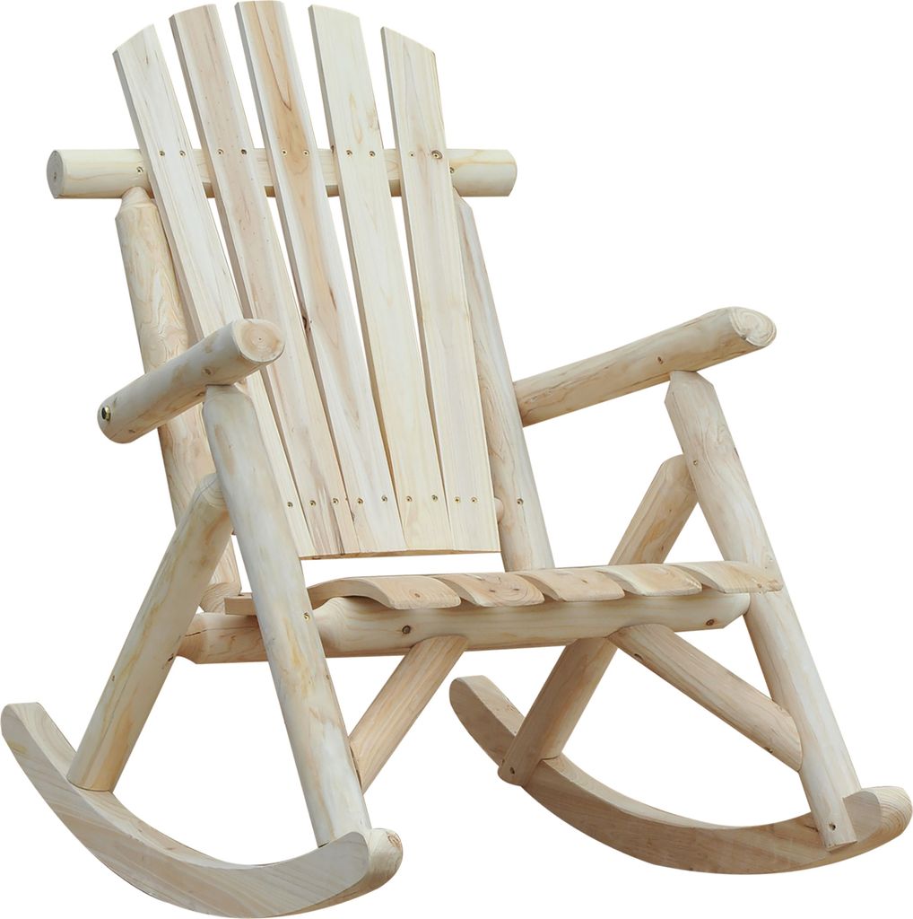 A light-colored wooden rocking chair is shown against a white background.