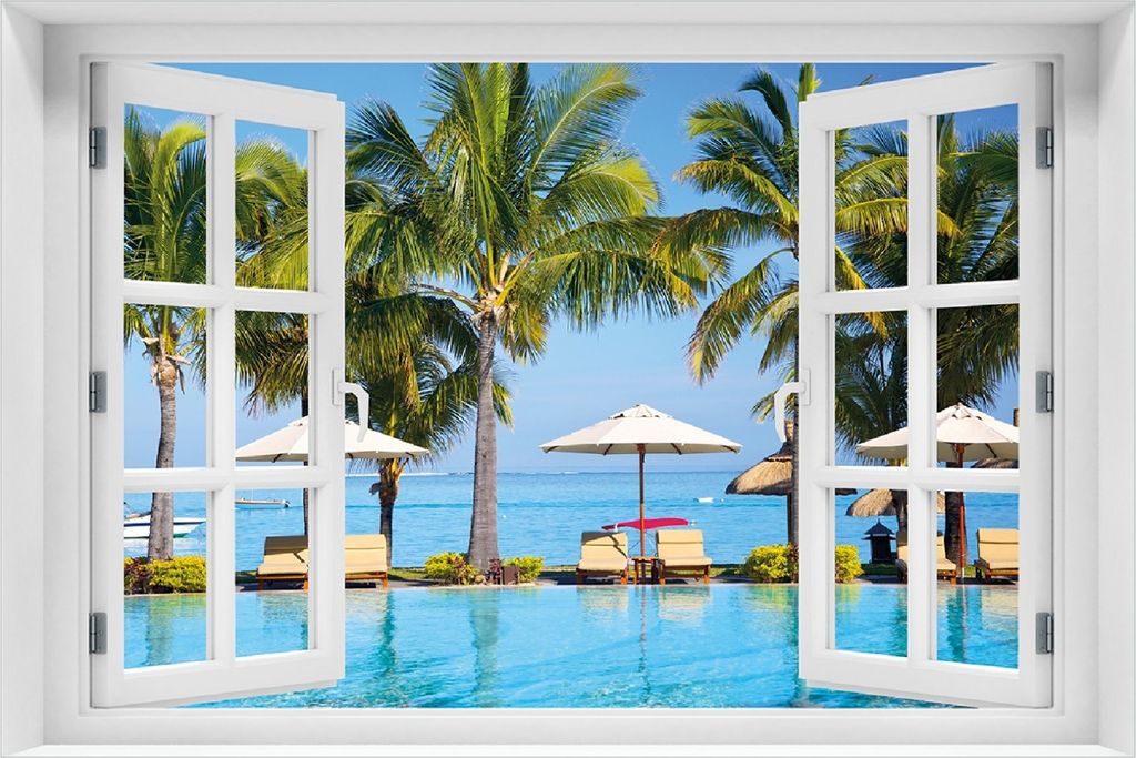 Wallario selbstklebendes Poster mit Fenster-Illusion - Sonnenschirme am Südsee-Palmenstrand mit blauem Meer-Wasser, Größe: 100 x 150 cm