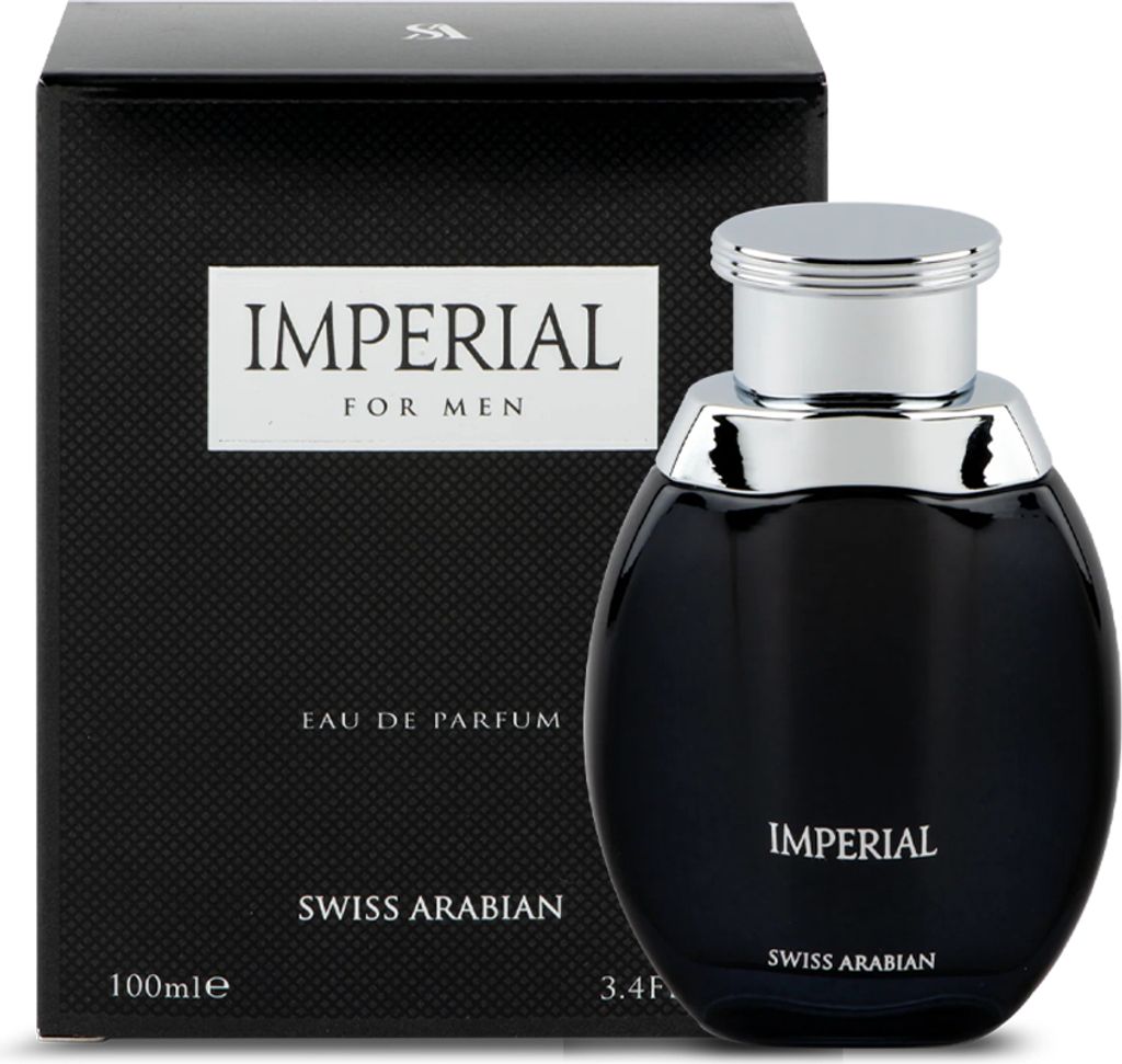 A black perfume bottle and its packaging are displayed against a white background.