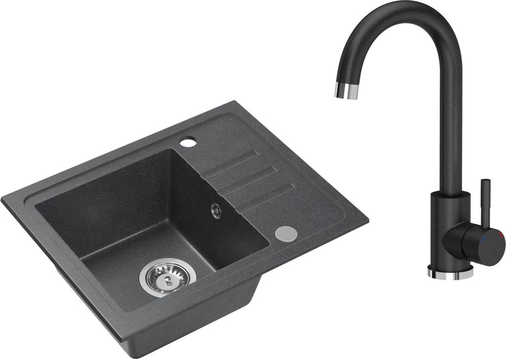 VBChome Spülbecken Granit Schwarz mit Armatur 55 x 44 cm Einzelbecken Einbauspüle Gesprenkelt Reversibel Granitspüle Siphon Waschbecken Armatur