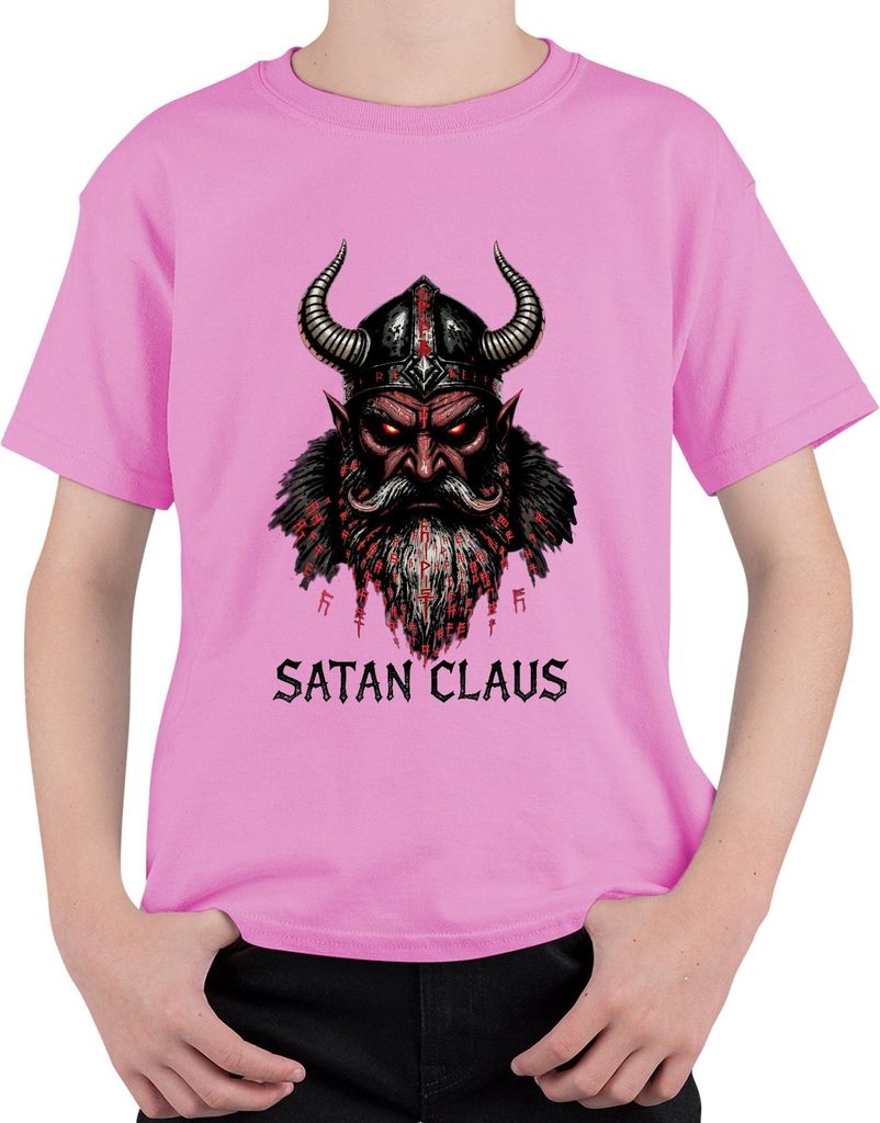 Satan Claus Teufel Wikinger Hörner Bart Runen Weihnachten Gothic Uni Kinder T-Shirt, Pink, 104