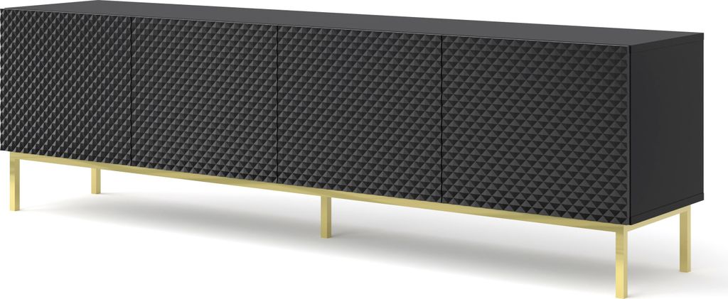 TV Schrank RAVENNA C 200 cm 4D rahmen SCHWARZ MATT / SCHWARZ GLANZ Diamantförmiger Fräser Lowboard mit Metallfüße Stehen Unterschrank Fernsehsc...