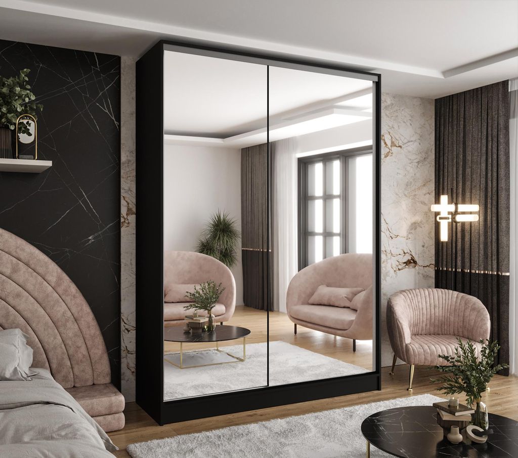 Moderner 2-türiger Kleiderschrank mit Schiebetüren in Schwarz mit 2 Spiegeln 140x58x250 cm – mit 4 Schubladen – für Schlafzimmer und Flur