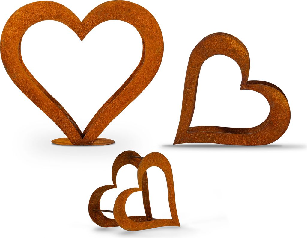 Herz aus Metall, Holz Regal, Rost, Edelrost, Holzregal Garten, Terrasse - Deko - SET S+M + Gratis Herz XS