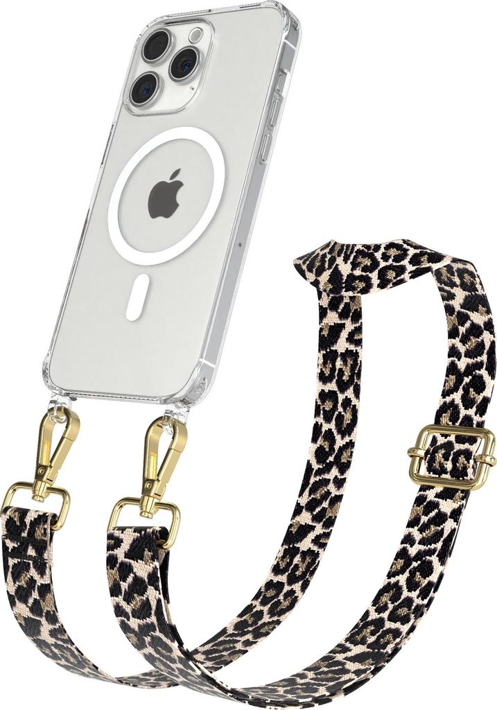 EAZY CASE - Handykette mit MagSafe Hülle für Apple iPhone 15 Pro Max, Handyband Leo Style, Karabiner Gold, Umhängeband in Taupe