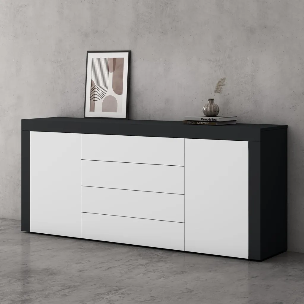 Buffet de Salon Gris Noir et Blanc Mat 167 cm à 4 tiroirs doporro