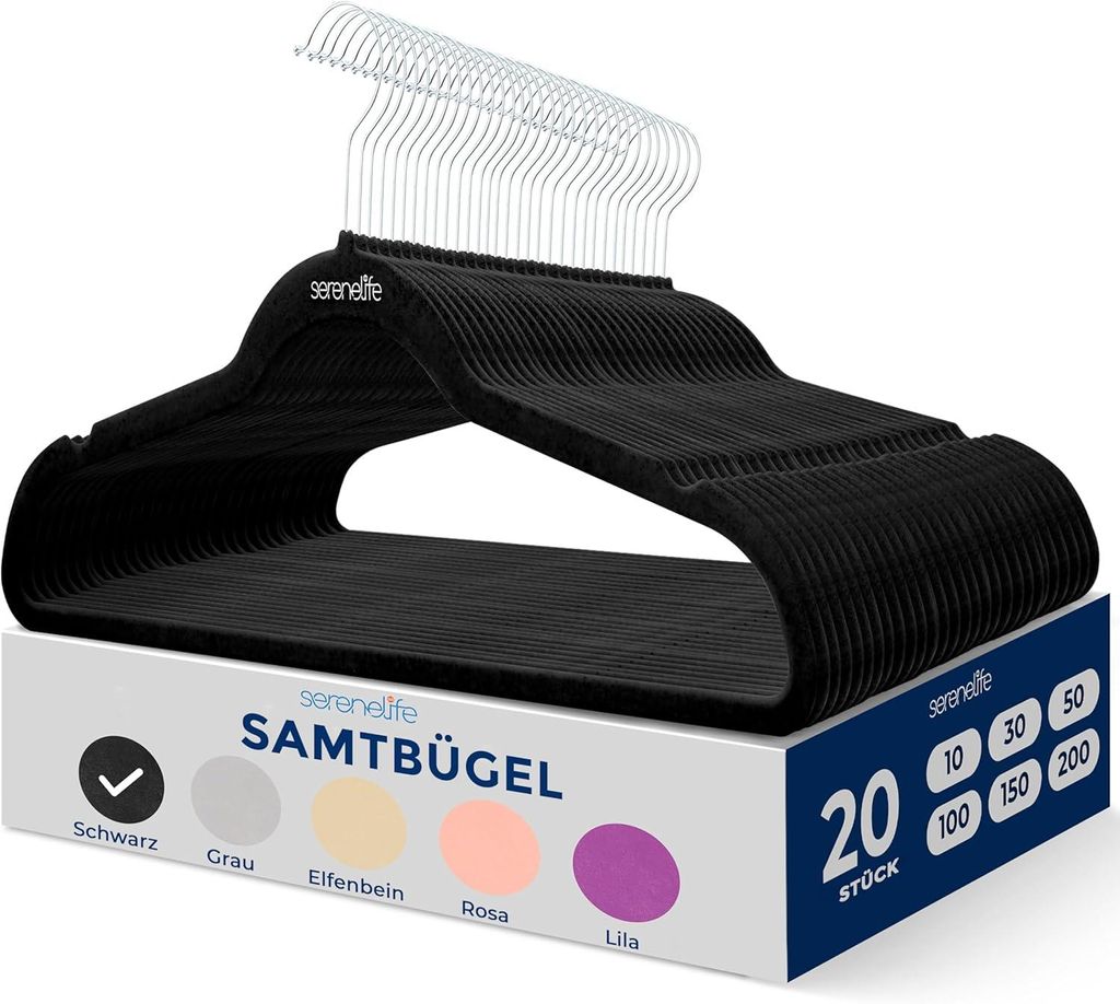 SereneLife Samt Kleiderbügel Schwarz 20 Stück für Dein Anzug, Rock & Hose, Kinder & Erwachsene, Garderobenbügel