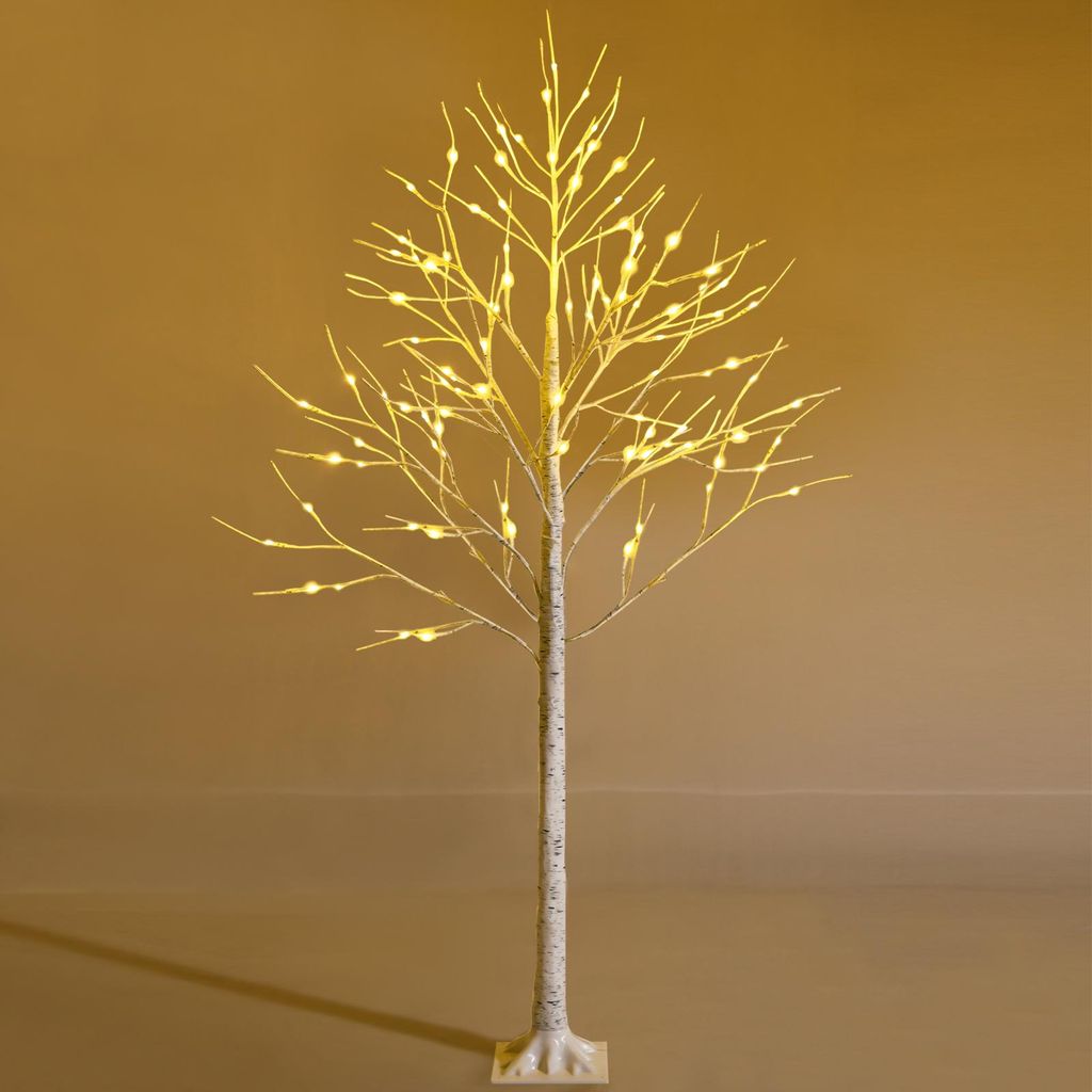 A decorative LED tree with warm white lights against a plain background.