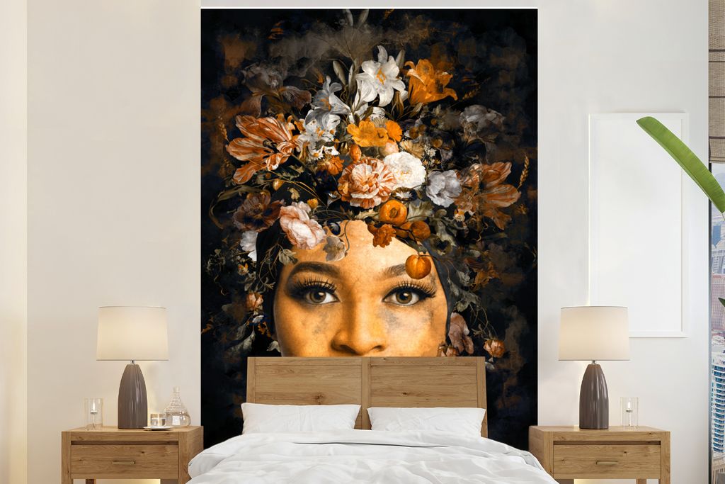 MuchoWow Fototapete für Wohnzimmer oder Schlafzimmer Wandtapete Vinyl Motivtapete Frau - Lehm - Flora - 200x300 cm - Wanddekorationen