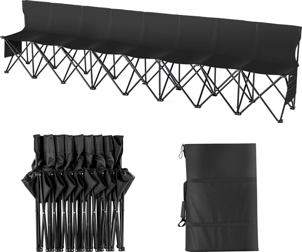 A black 8-seater folding bench is shown in its extended form at the top of the image, and folded and in a carrying bag at the bottom. The background is white.