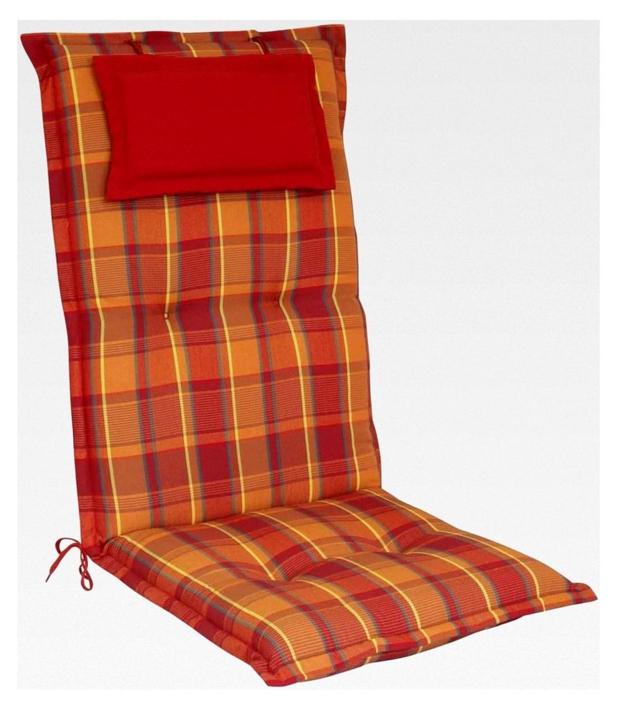 Hochlehner-Auflage Classic Rot Orange kariert 120 x 50 x 8 cm für Gartenstuhl, mit Kopfpolster, waschbar und pflegeleicht