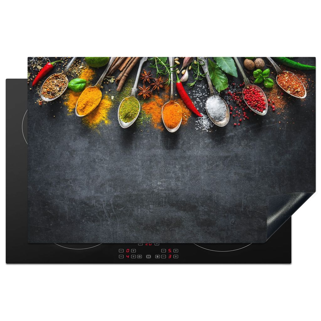 KitchenYeah Herdabdeckplatte Beton - Gewürze - Löffel , 81x52cm, Küche Deko, Glaskeramikkochfeld Herdabdeckung, Abdeckplatte fùr Kochfeld
