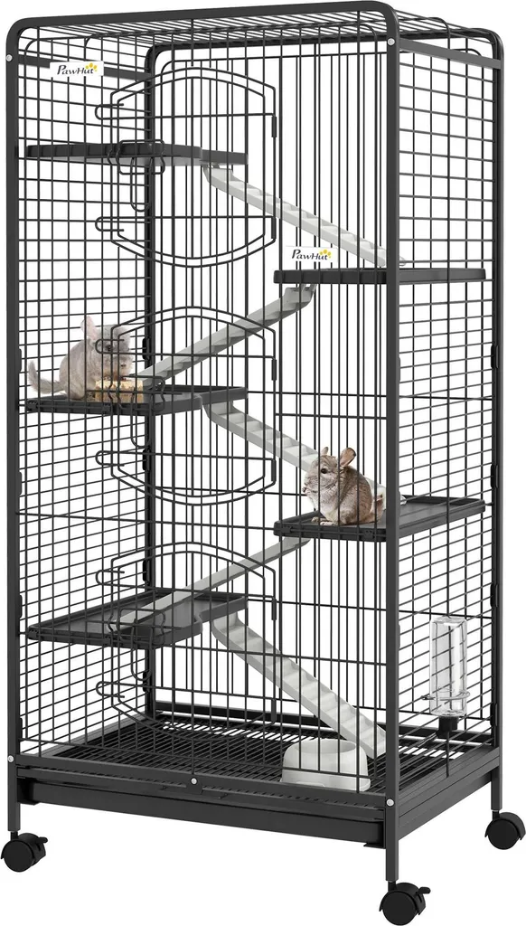 Cage rongeur anti-évasion 6 étages métal noir avec roulettes 131 cm
