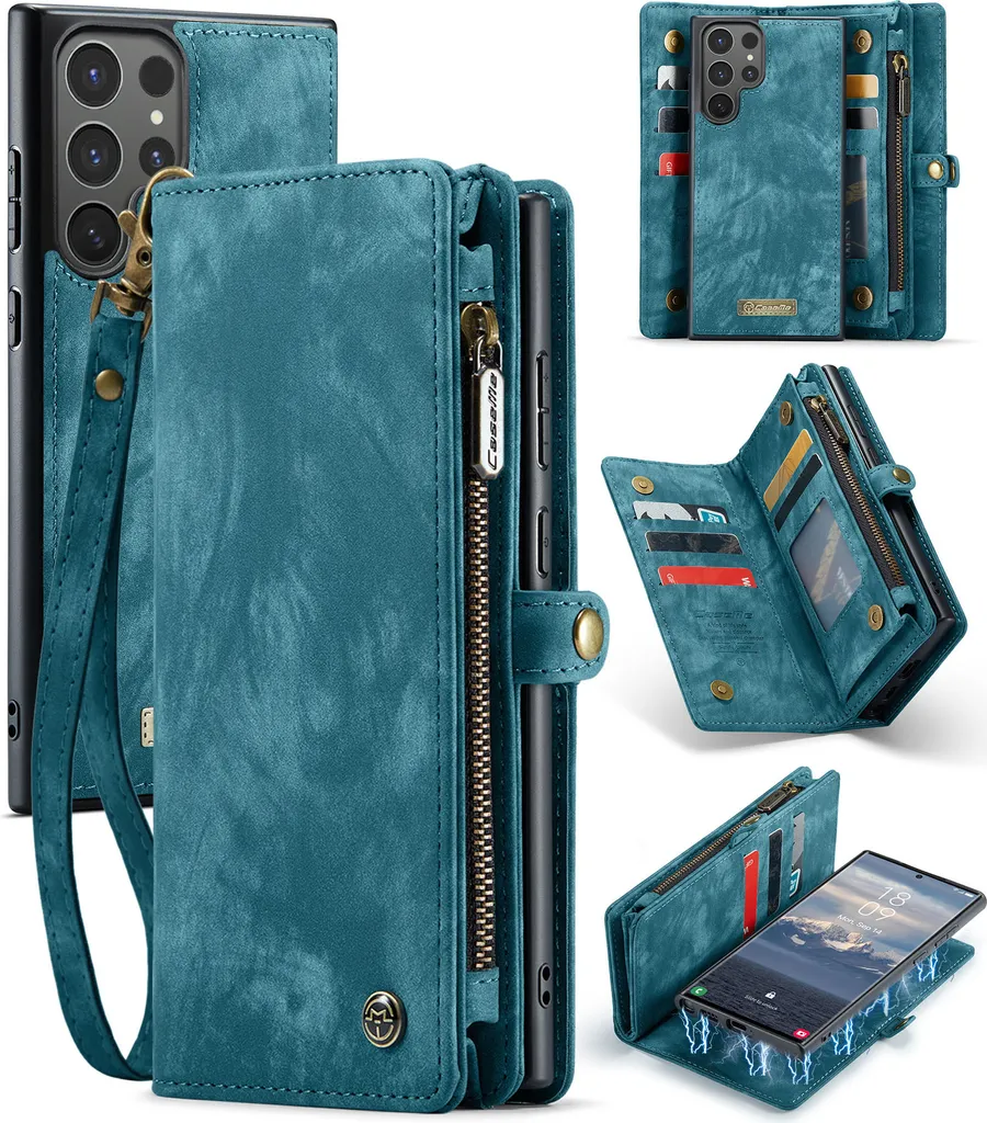 Custodia per Samsung Galaxy S24 Ultra, Custodia in pelle vintage multifunzionale con slot per carte e cerniera blu