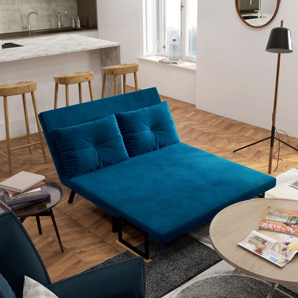 Schlafsofa 2er-Sofa Samtsofa, Schlaffunktion, inkl. 2 Kissen, Samtoptik, Natur + Blau, 102x73x81 cm, 4-in-1, Stahl