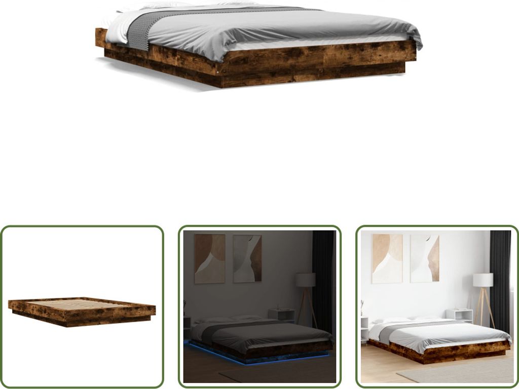The Living Store Bettgestell mit LED Räuchereiche 120x190 cm Holzwerkstoff