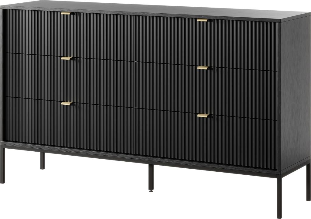 Masseno Kommode STELLARE 154 cm Sideboard mit 6 Schubladen für Wohnzimmer Schlafzimmer Modern 154x39x91 cm Schwarz / Schwarz