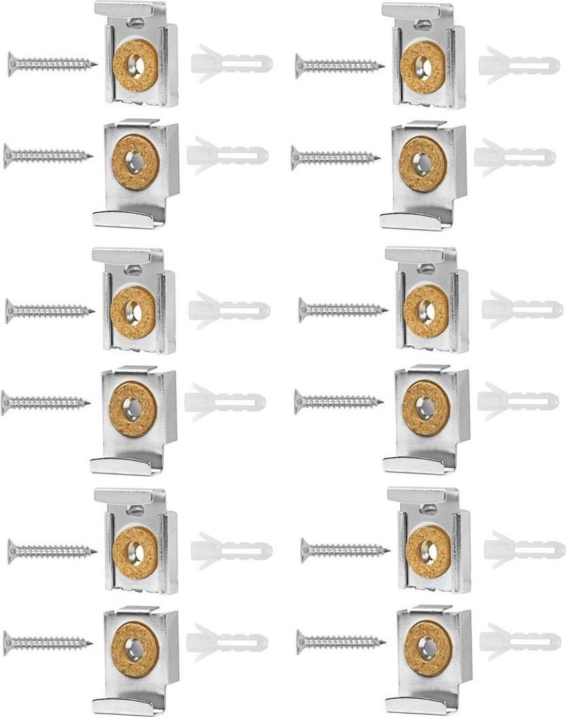 12er Set - Spiegelaufhängung Clips Set mit Dübel und Schrauben | 12x Spiegelklammern Silber - Spiegelhalterung - Spiegelbefestigung Wandmontage -...