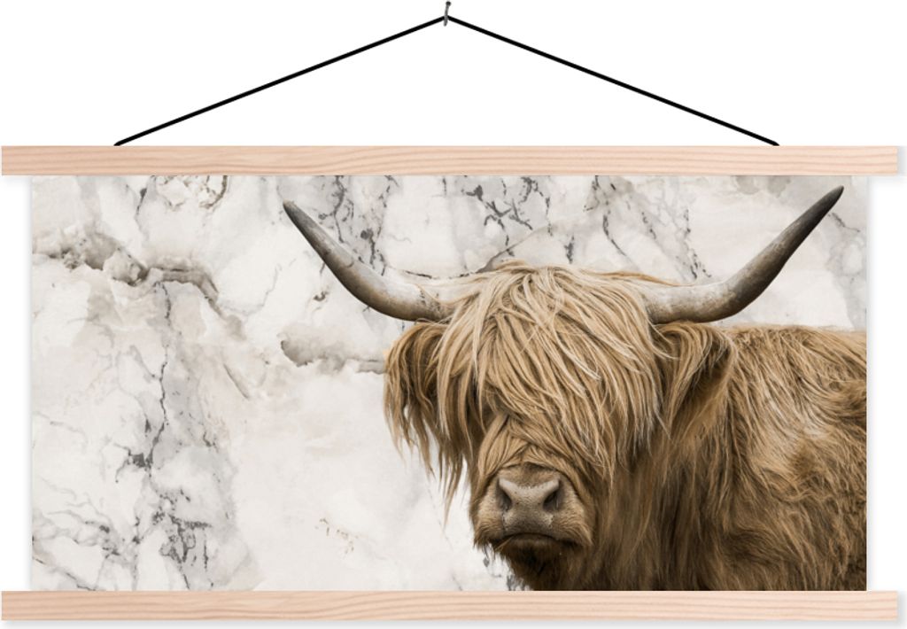MuchoWow Textilposter Schottisches Hochlandrind - Tiere - Marmor 60x30 cm mit holzfarbenen Rahmen - Dekoration