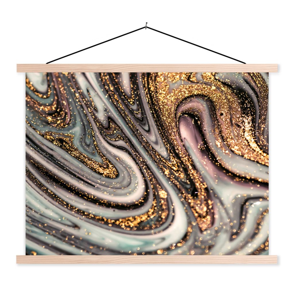 MuchoWow Textilposter Marmoroptik - Gold - Glitter - Luxus - Marmor - Weiß 120x90 cm mit holzfarbenen Rahmen - Magnetisch