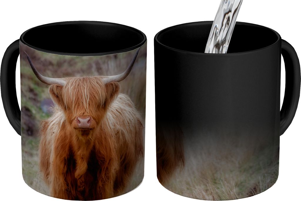 MuchoWow Zauber Tasse Zaubertasse Magic Schottischer Hochländer - Moos - Gras 350 ml Farbwechsel Becher Geschenk Geschenkidee - Magic-Tasse - Fo...