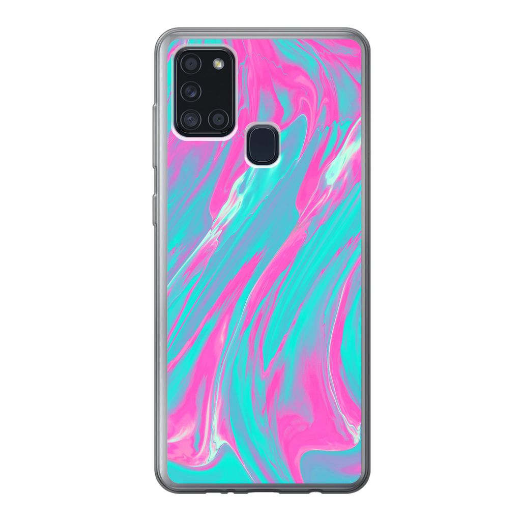 MuchoWow Handyhülle Schutzhülle Hülle für Samsung Galaxy A21s Kunst - Rosa - Blau - Psychedelisch Silikon Softcase Handy Hülle - Hartschale