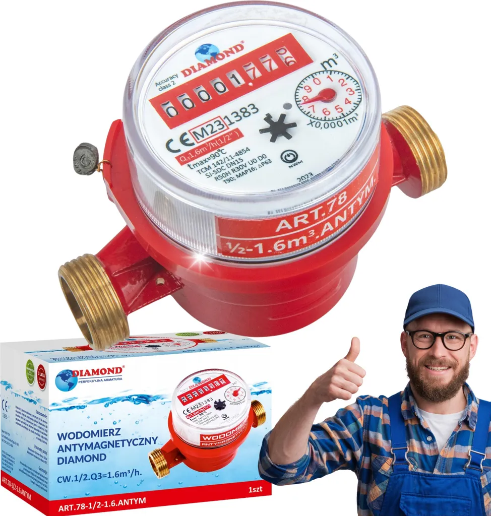 Compteur eau chaude 1/2'' antimagnétique 1,6 m³ corps en laiton robuste
