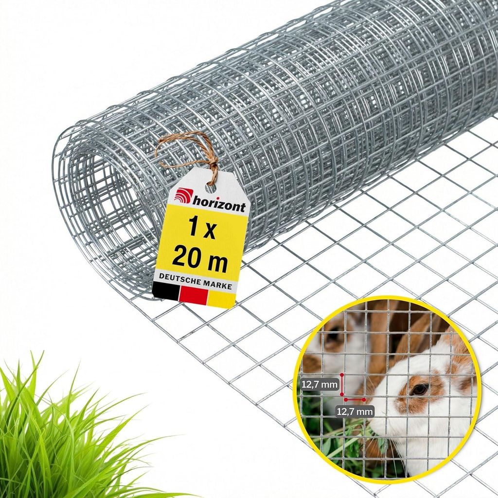 horizont Volierendraht - 1 x 20 m - Maschenweite 12,7 mm - verzinkt - Drahtgitter für Voliere, Hasengitter, Mäusegitter, Drahtgeflecht, Maschendraht