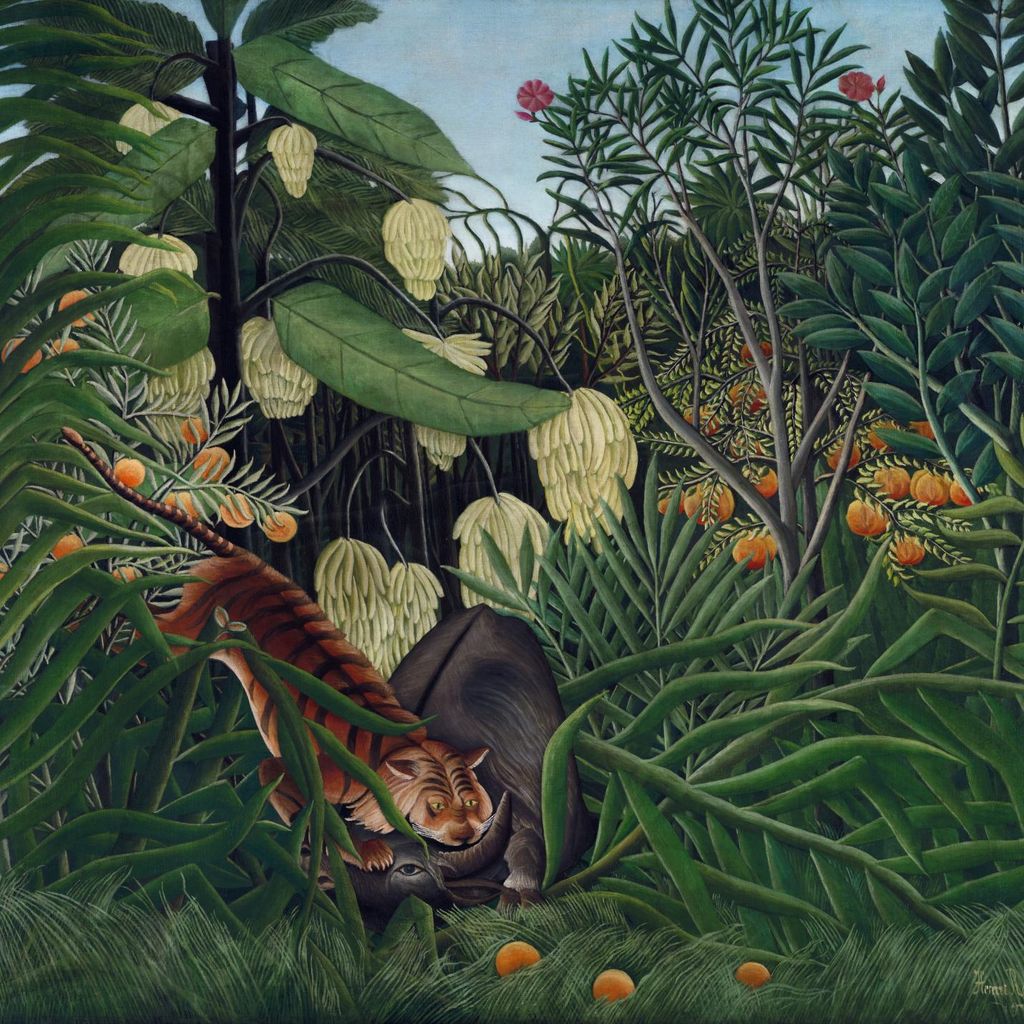 Plakat 40x40cm Tiger und Büffel, Rousseau Vintage für das Wohnzimmer