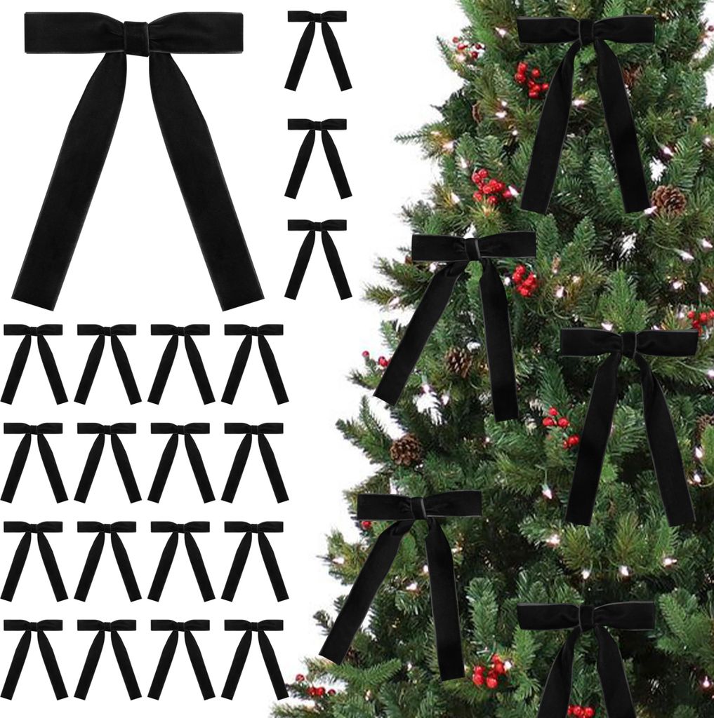 24 Stück Samtschleifen, Weihnachtsbaumschmuck, Vintage-Schleifenband für Baumgirlande, Kranz, Geschenk, Weihnachtsdekoration für drinnen und dra...