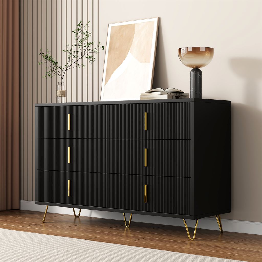 okwish Kommode Sideboard mit viel Stauraum, Schrank mit 6 Schubladen, Schubladenschrank Anrichte für Wohnzimmer, 120x40x70cm, Schwarz