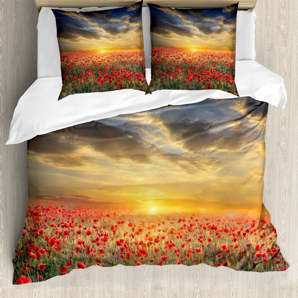 ABAKUHAUS Blume Bettbezug, Scenic-Feld-Sonnenuntergang Himmel, Milbensicher Allergiker geeignet mit Kissenbezügen, 155 cm x 220 cm - 80 x 80 cm, M...