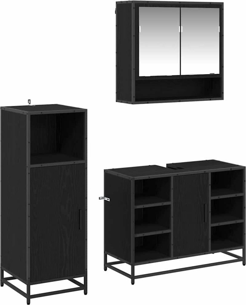 Badezimmermöbel-Set 3 pcs Schwarz Eichen-Optik Holzwerkstoff