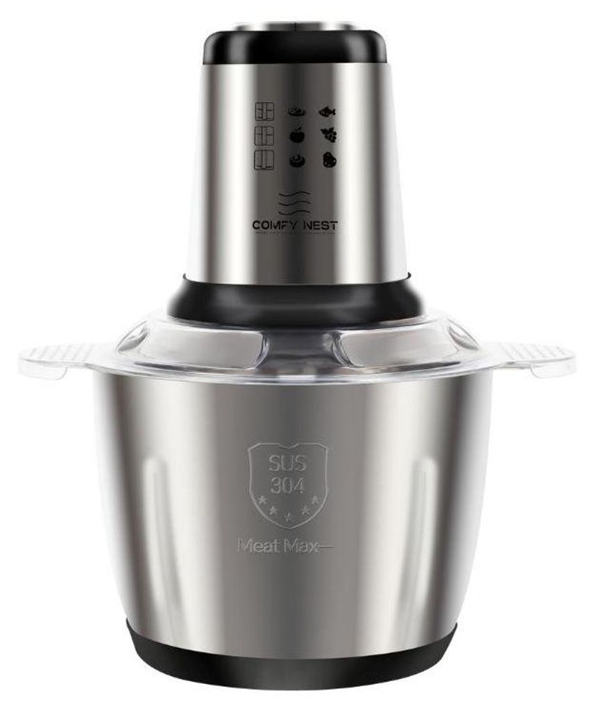 A stainless steel electric food chopper with a transparent lid, shown from a front-facing diagonal angle on a white background.
