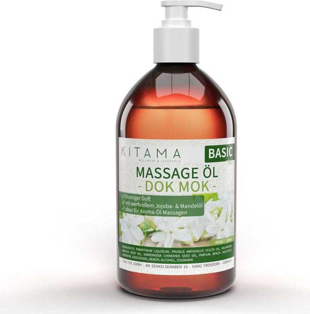 Kitama Aroma Massageöl Dok Mok Wasserjasmin 500ml I Pflegendes Körperöl für Massagen I Aroma-Öl für Massage, Thai-Massage & Spa