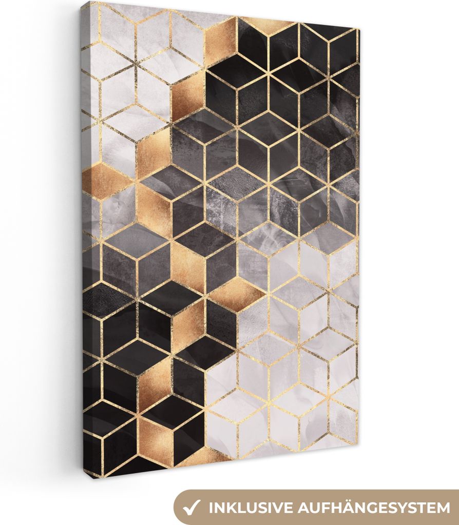 MuchoWow - Leinwandbilder - Abstrakt - Würfel - Gold - Muster - Schwarz - Weiß, Wandbild, Wanddeko Bilder Wohnzimmer, 80x120 cm