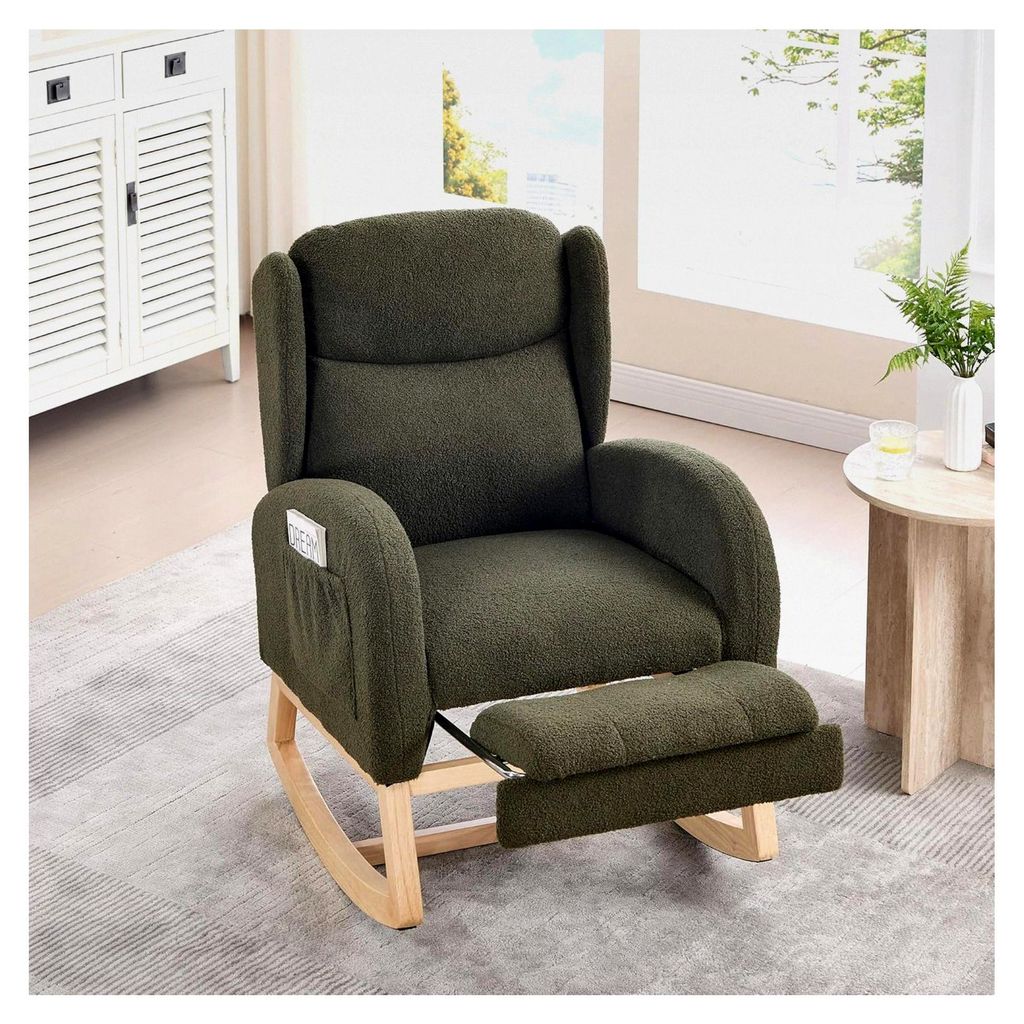 Schaukelstuhl, Stillstuhl, Lounge-Sessel mit Holzgestell, verstellbarer Fußstütze, hoher Rückenlehne, Teddy-Stoff, mit Tasche, bequemer Akzentst...