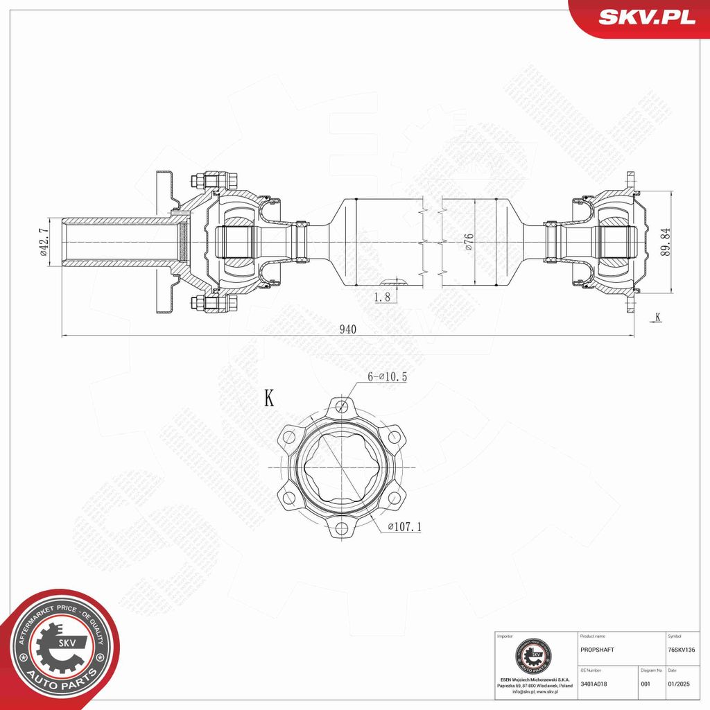 ESEN SKV Kardanwelle Gelenkwelle Achsantrieb für MITSUBISHI PAJERO IV (V8W, V9W) Hinten 76SKV136
