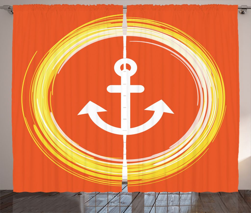 ABAKUHAUS Nautisch Rustikaler Gardine, Anker Bild in Kreis, Schlafzimmer Kräuselband Vorhang mit Schlaufen und Haken, 280 x 245 cm, Orange Gelb
